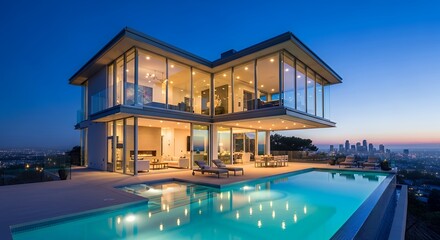 Luxurious Modern Home with Infinity Pool Overlooking City Skyline at Dusk  Architectural Design and Real Estate Photography