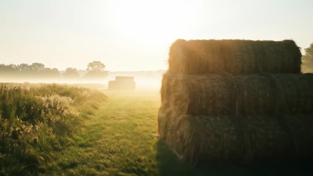 Golden Sunrise over Hay Bales in Misty Field - A picturesque scene of three stacked hay bales bathed in the warm golden light of sunrise.