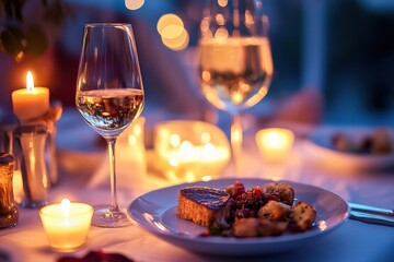 Naklejka premium Dinner for two with wine by seaside view