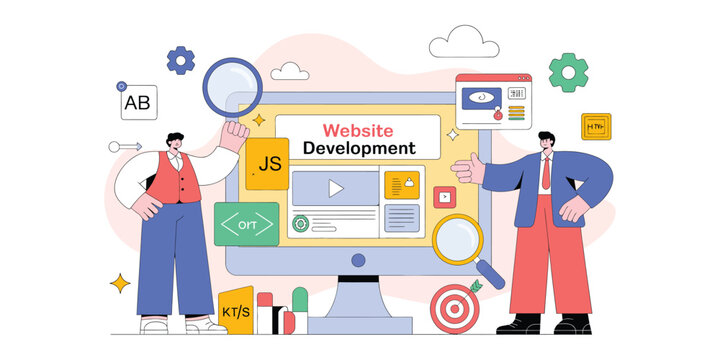 Flat design illustration of website development with JS logo, coding icons, and team collaboration &ndash; modern web design and programming concept