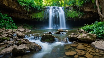 Fototapeta premium A serene waterfall cascades over rocks, surrounded by lush greenery, creating a tranquil natural oasis.
