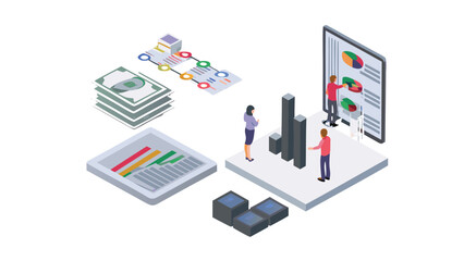 Isometric view of people analyzing data charts with money and documents on a white background scene