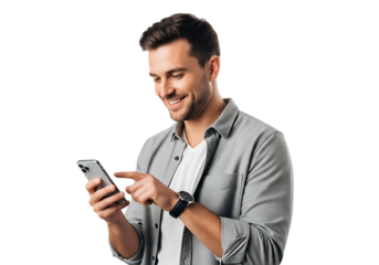 Smiling man using his smartphone to browse social media and communicate with friends online isolated on transparent background