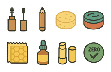 Plastic-Free Beauty Icons. Flat vector mini-illustrations of plastic-free beauty items in colors children's