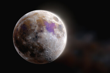 Bright cosmic moon glowing in neon tones with detailed surface and dreamy starry background for conceptual digital designs