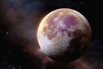 Realistic purple moon glowing against black space with sparkles and stars, perfect for sci-fi designs and dreamy visuals