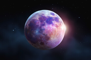 Obraz premium Moon glowing in bright purple tones with magical highlights and stars in dark space, ideal for fantasy posters or backgrounds