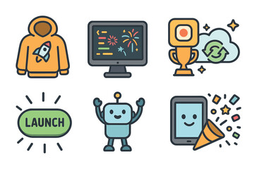 Tech Startup Celebration Icons. Flat vector mini-illustrations of tech startup celebration in colors