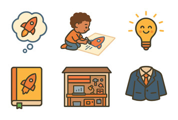 Kids' Entrepreneurial Dreams. Flat vector mini-illustrations of entrepreneurial dreams in colors children's