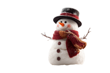 Snowman with a smiling face wearing a black hat and colorful scarf stands in a winter wonderland