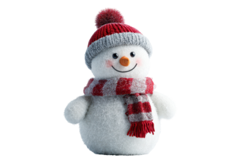 Snowman wearing a red and gray knitted hat and scarf standing on a white background during winter season
