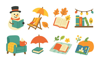 Obraz premium Seasonal Reading Themes. Flat vector mini-illustrations of seasonal reading themes in colors children's