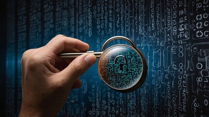 A close-up of a hand inspecting a digital lock symbol through a magnifying glass, highlighting cybersecurity concepts.