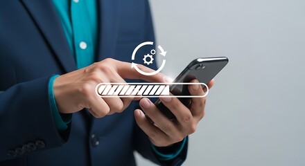 Person using smartphone progress bar technology loading