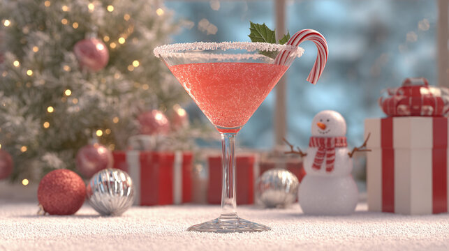 Festive holiday cocktail featuring candy cane garnish beside a snowman and decorated Christmas tree in a cozy winter setting