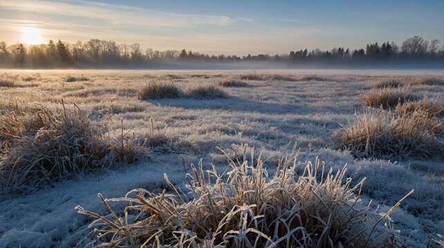 A serene winter morning, showcasing a frosty landscape with glistening grass under soft sunlight.