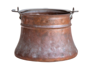 Old copper pot showing oxidation with handles on white background
