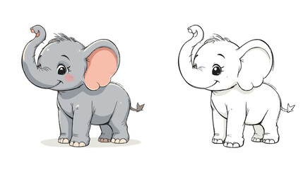 Fototapeta premium Cute baby elephant cartoon in colored and outline versions, ideal for kids’ books and art prints
