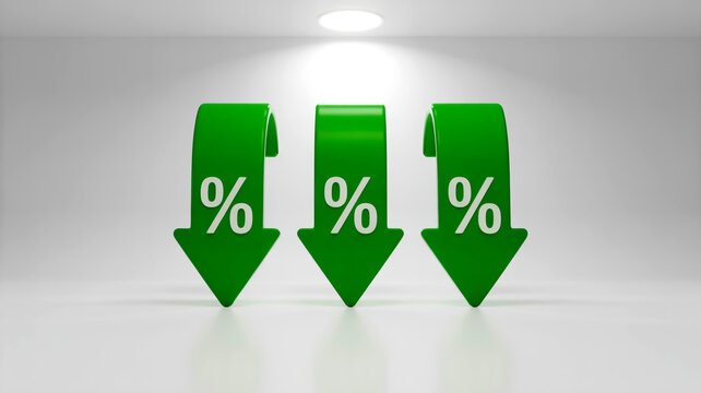 Three green 3D arrows with white percent signs on white background