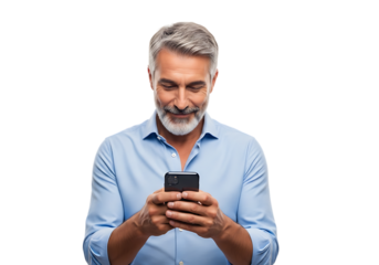 Mature man with beard using smartphone to connect with social media and browse the internet for information isolated on transparent background