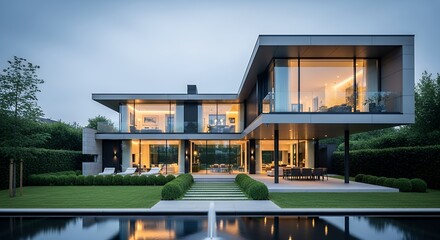 Fototapeta premium Modern Luxury Home Exterior with Reflecting Pool and Lush Green Landscape at Dusk Architectural Photography