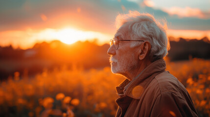Contemplative man gazes at sunset, reflecting on life's journey amid a golden field. Serene and thoughtful.