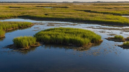 Fototapeta premium A serene aerial view of lush marshland dotted with water pools and vibrant green grass under a golden sky.