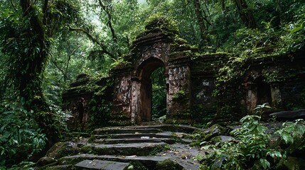 Ancient Stone Gate in Lush Forest with Steps Leading Through