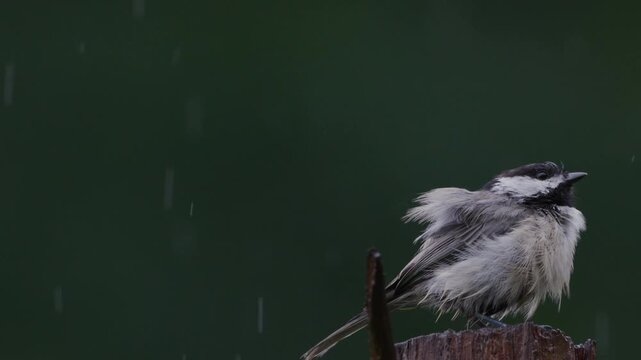Chickadee with very ruffled feathers perched on a Cedar post, slow motion