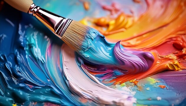 vivid and abstract painting created with swirling paints on canvas captured in close up shot of a paint brush