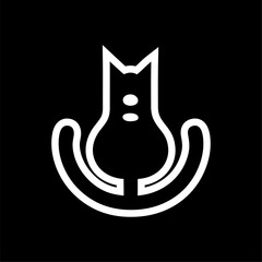 Abstract Cat Outline Icon with Tail Loop on Black Background. Modern abstract icon of a cat with a curved tail loop, minimal face, and clean white lines on black background. Ideal for pet brands,