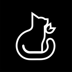 Minimalist Cat Holding Leaf Icon on Black Background. Line art icon of a sitting cat holding a leaf in its mouth. Clean white outline on black. Symbol of nature, eco lifestyle,
