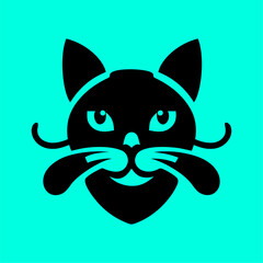 Modern Cat Face Silhouette with Whiskers on Cyan Background. Minimalist black cat face silhouette with bold whiskers and expressive eyes on a bright cyan background. Ideal for logos, stickers, 
