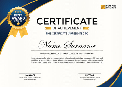Modern certificate of achievement template with an elegant blue and gold design and a best award seal - Powered by Adobe