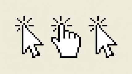 Three pixelated cursors clicking, white background, black squares radiating