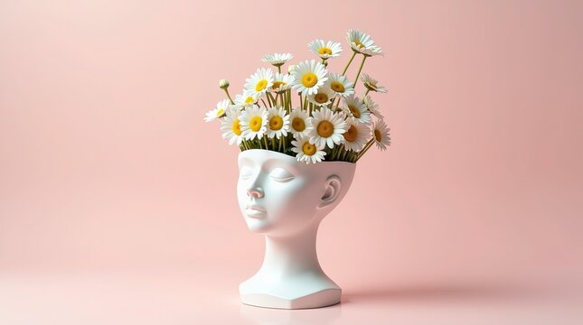 Abstract head filled with vibrant colored flowers symbolizing creativity and mental health awareness.