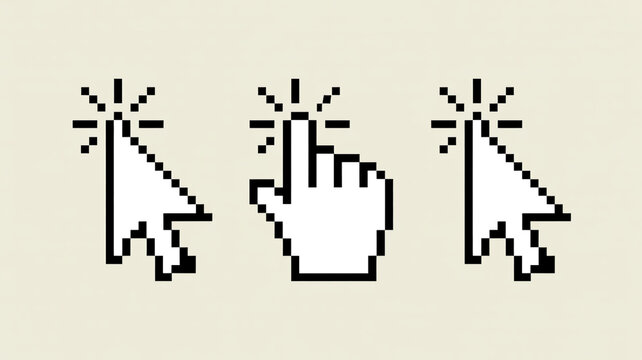 Three pixelated cursors clicking, white background, black squares radiating