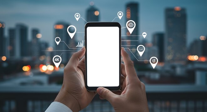 Hands holding a smartphone displaying location pins and data analytics with a blurred city skyline at dusk