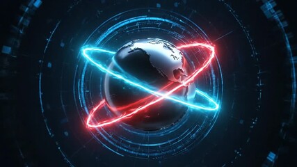 Metallic spinning globe and holographic grid with cyan and red looping energy trails in a smooth cinematic seamless news background animation - Powered by Adobe