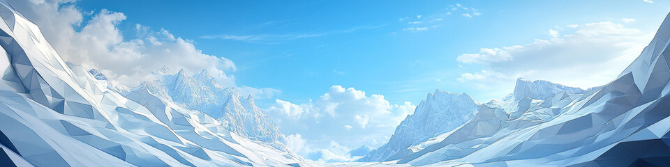 Fototapeta premium Glacier valley made of faceted polygons with open blue sky,