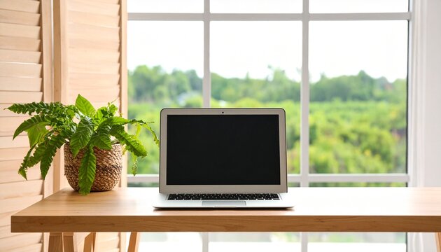 Generated image Clean Workspace with Laptop and Potted Plant Near Green Field - Powered by Adobe