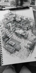 Detailed pencil sketch of an interior design