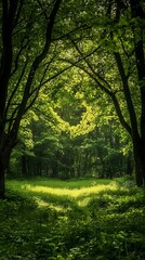Fototapeta premium Sunlit clearing in a lush green forest with dappled light and arching trees woods nature