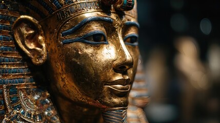 Obraz premium A golden statue of a pharaoh with vivid blue eyes and an ornate headdress stands proudly in a museum, radiating ancient royal elegance. 