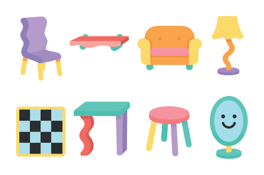 Wacky Pomo Furniture. Flat vector mini-illustrations Wacky Pomo furniture in colors children's illustrations: