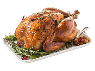 Roasted Turkey on Serving Platter with Cranberries and Rosemary
