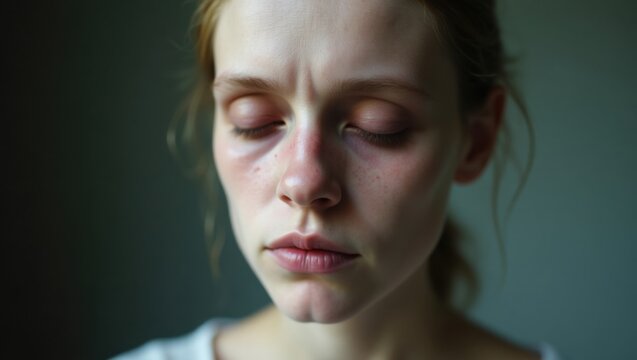 Mujer con rostro p&aacute;lido y cansado con una tez demacrada, mostrando prominentes ojeras oscuras debajo de los ojos