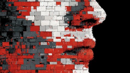 Formed from angular bricks in bold colors, a face silhouette blends structure with symbolism, reflecting themes of identity and resilience.
