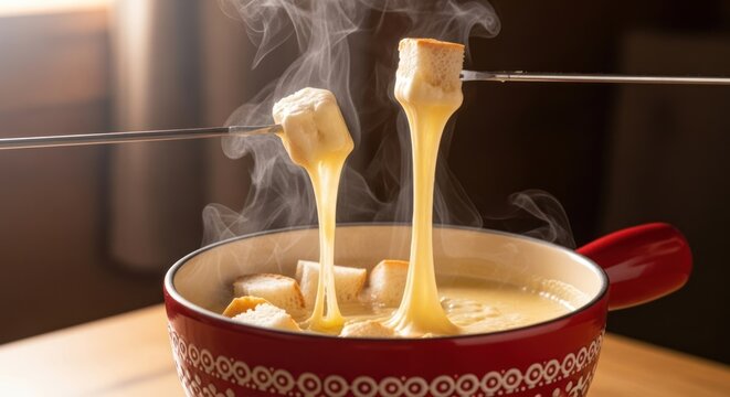 Gooey Cheese Pull: Two Forks Lift Steaming Bread from a Red Fondue Pot