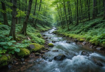 Obraz premium Arroyo que fluye a través de un denso bosque verde. Su curvado sendero atrae la mirada, ideal para un flujo tranquilo y natural